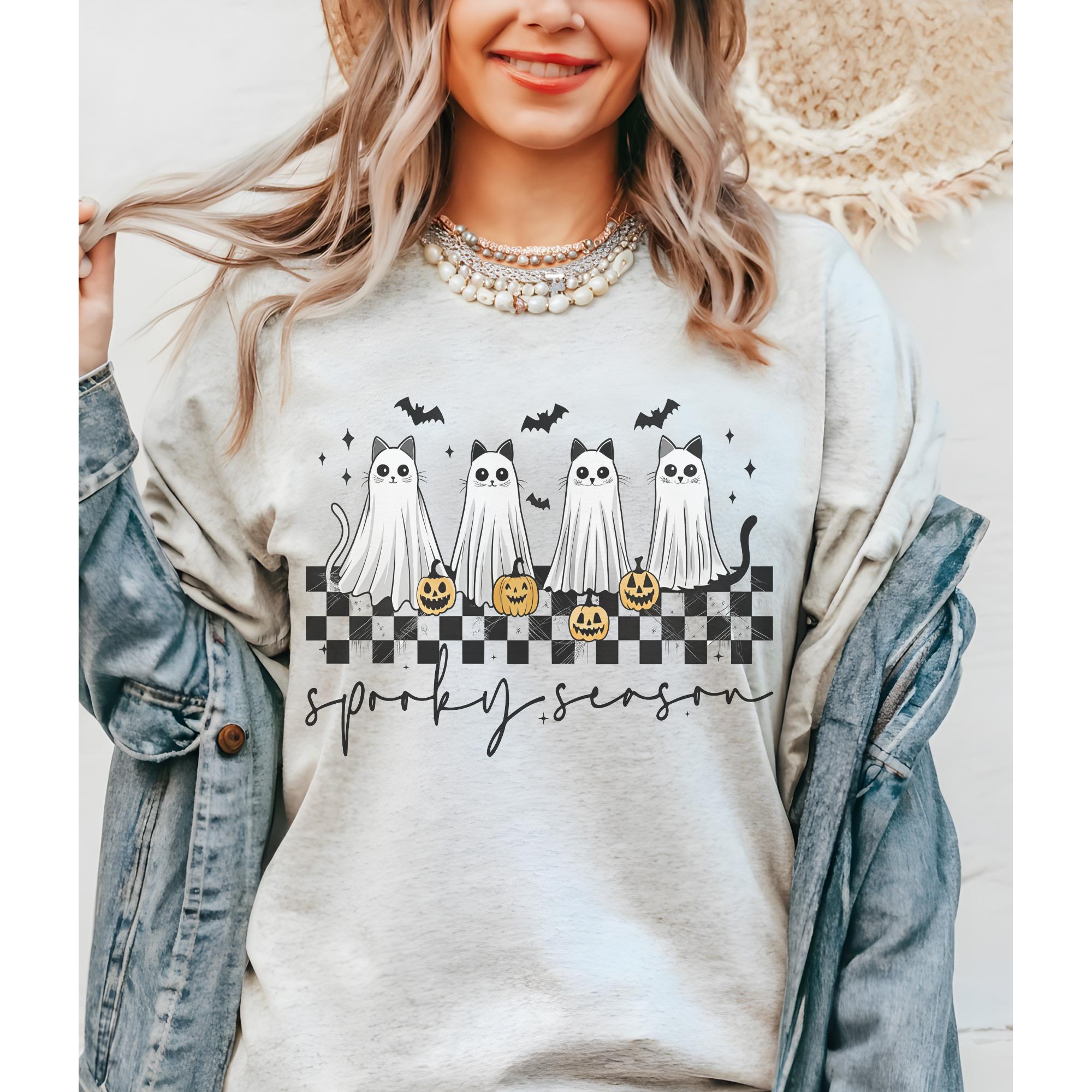 CAT Ghost Spooky Season SHIRT  - Ash- Print is Sublimation- A-56