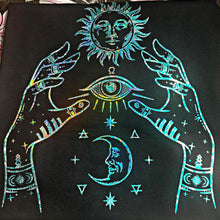 Load image into Gallery viewer, Gypsy Hands Third Eye Shirt - Color Shifting Holographic Print- MAIN COLORS ARE BLUE AND SILVER
