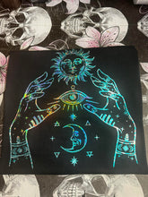Load image into Gallery viewer, Gypsy Hands Third Eye Shirt - Color Shifting Holographic Print- MAIN COLORS ARE BLUE AND SILVER
