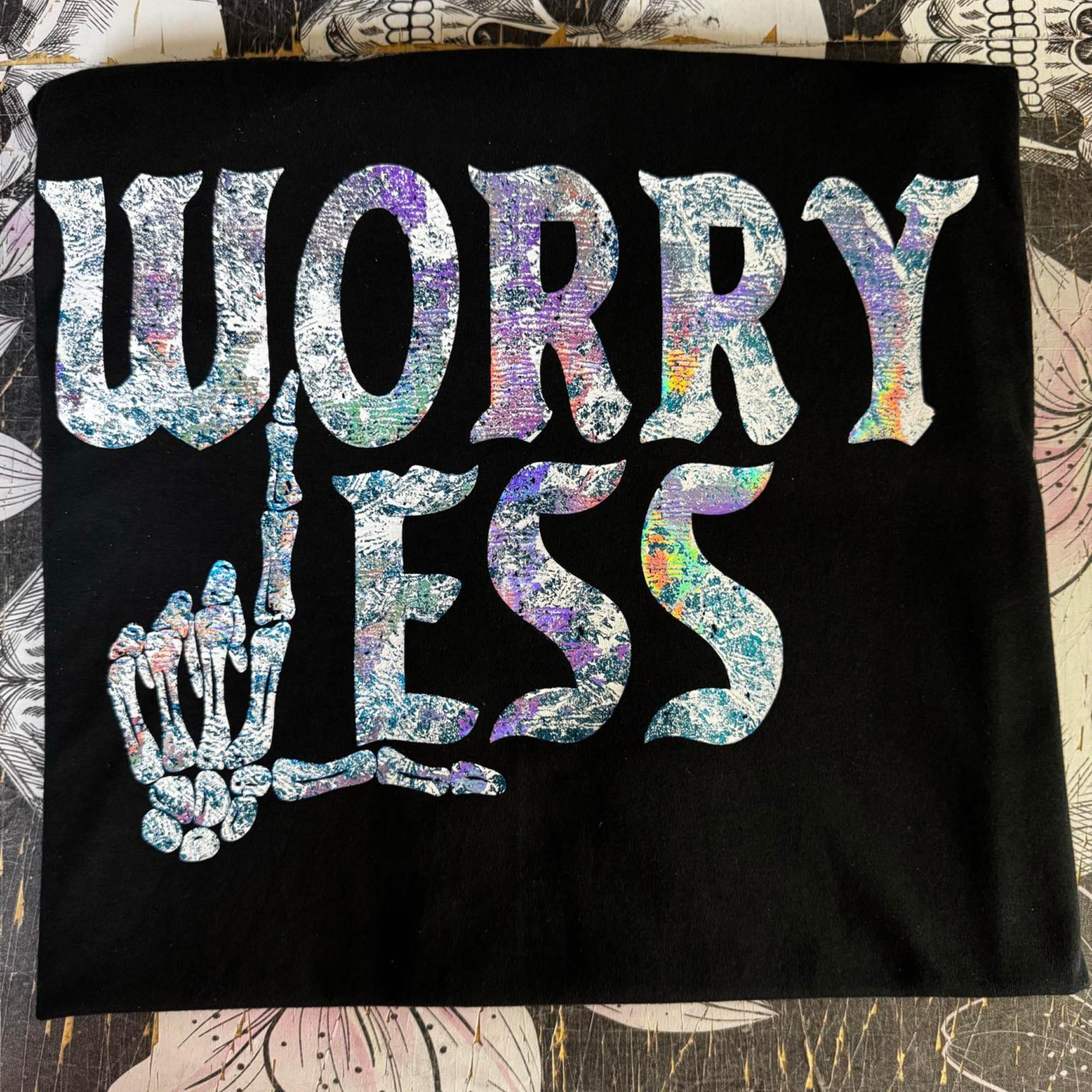 Worry Less Holographic Shirt Apparel Womens Clothing - Unisex Fit - Screen Print  Holographic  B-46 - Blue and Purple Halo