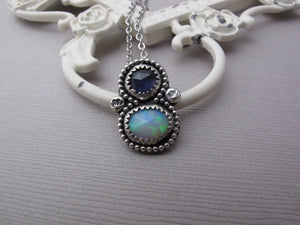Sterling Silver Necklace, Opal and Iolite Gemstone Necklace - A3