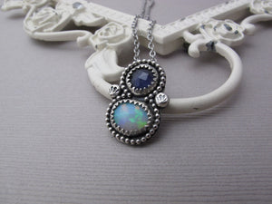 Sterling Silver Necklace, Opal and Iolite Gemstone Necklace - A3