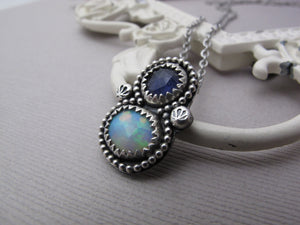 Sterling Silver Necklace, Opal and Iolite Gemstone Necklace - A3