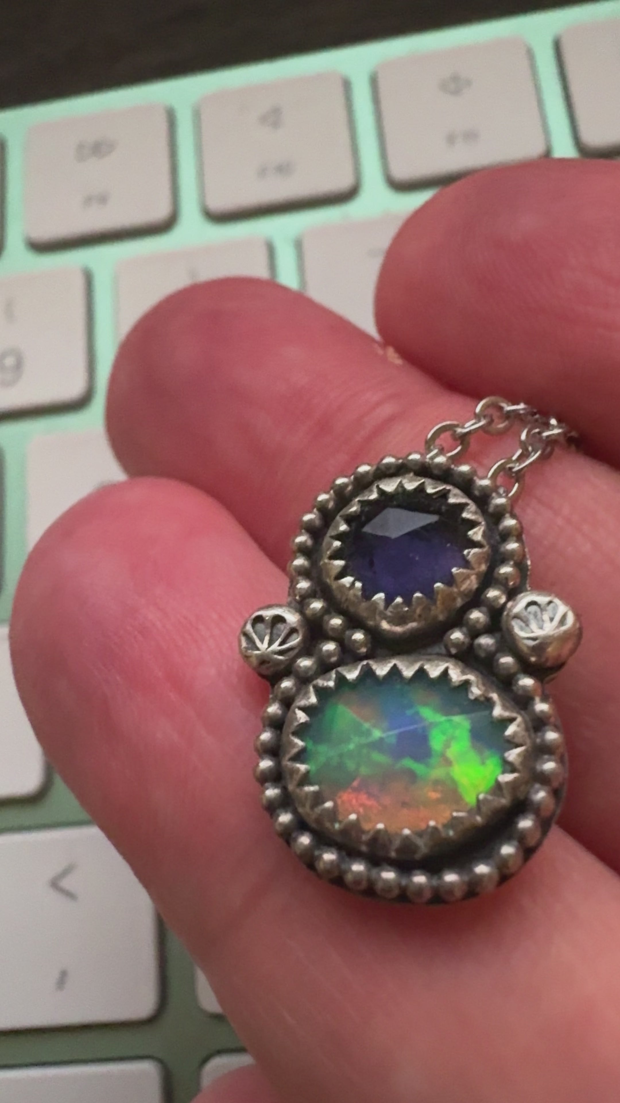 Sterling Silver Necklace, Opal and Iolite Gemstone Necklace - A3